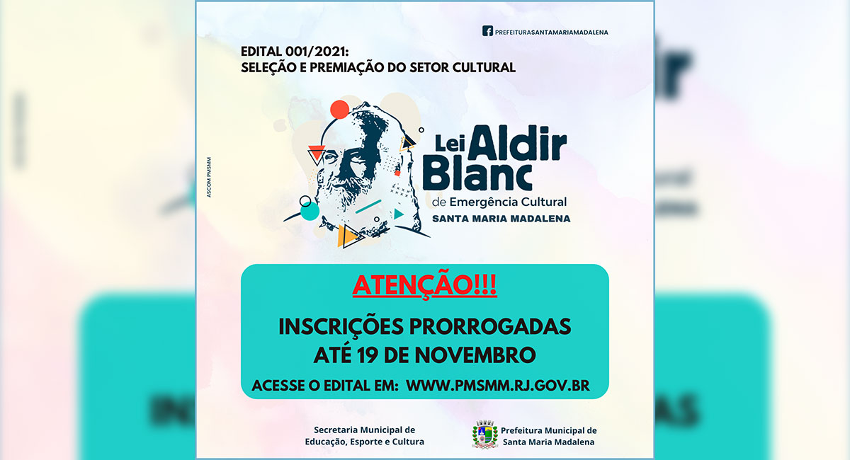 Prorrogadas as inscrições para edital da Lei Aldir Blanc em Santa Maria Madalena