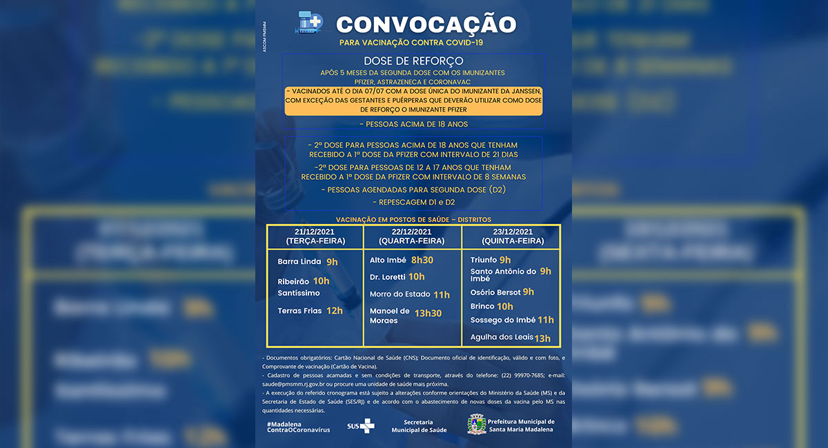 Covid-19: Saúde anuncia novo calendário de vacinação para os dias 21 a 23 de dezembro