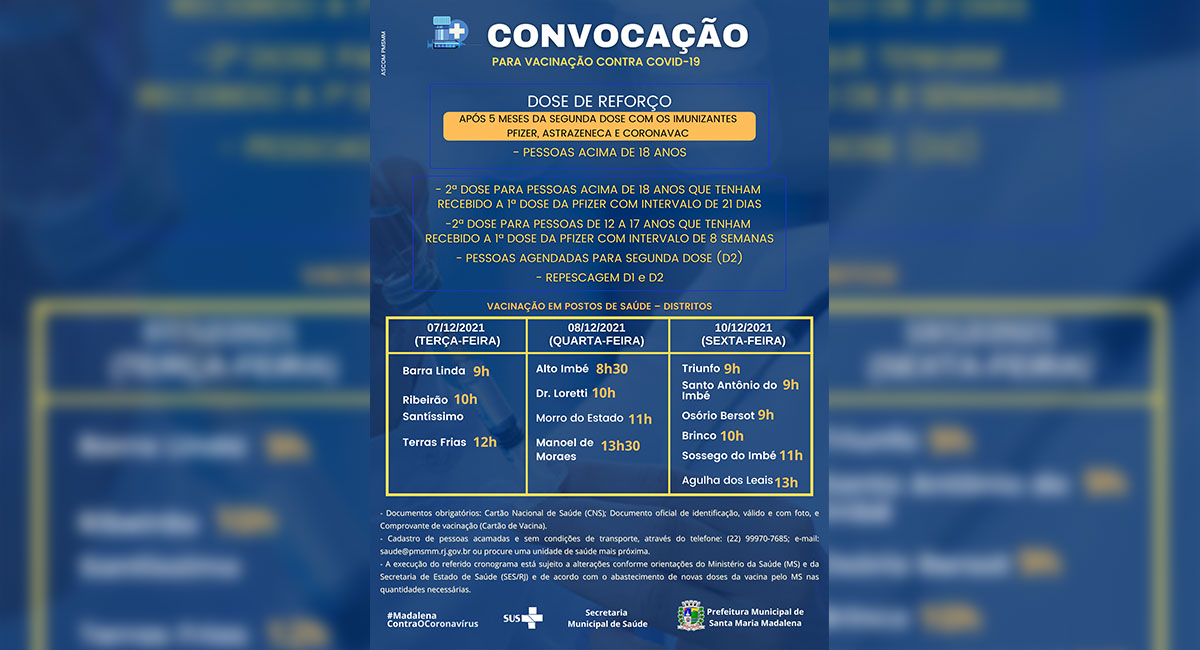 Prefeitura divulga novo calendário de vacinação contra Covid-19 para os dias 7 a 10 de dezembro