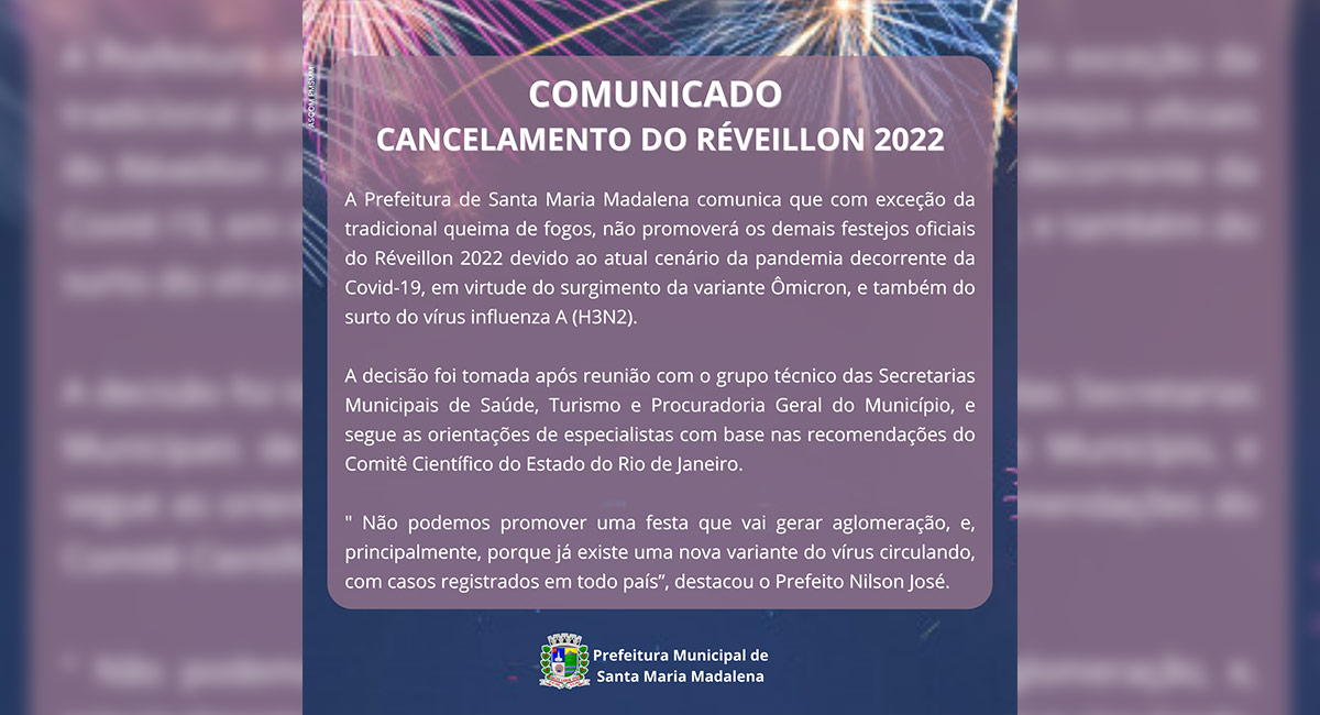 Prefeitura de Santa Maria Madalena cancela festa de Réveillon 2022