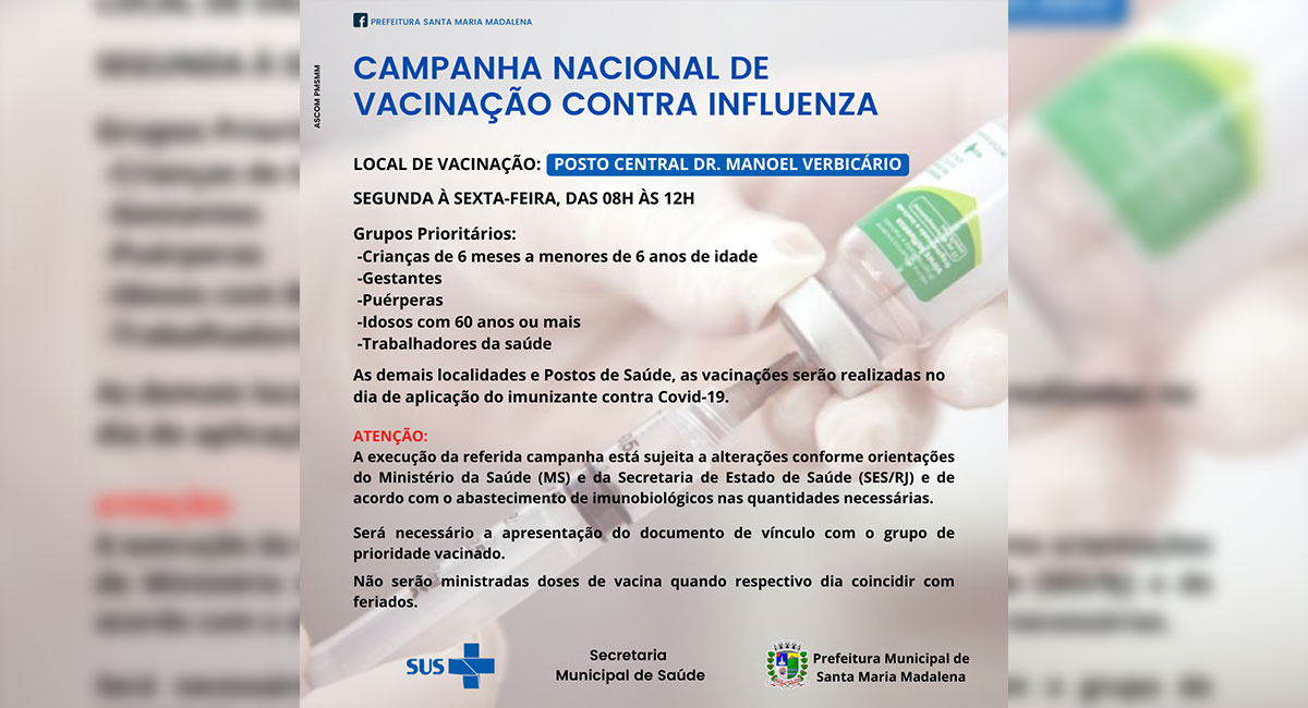 Santa Maria Madalena retoma vacinação contra a gripe Influenza