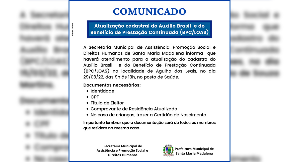Atualização Cadastral do Auxilio Brasil e do Benefício de Prestação Continuada (BPC/LOAS) em Agulha dos Leais