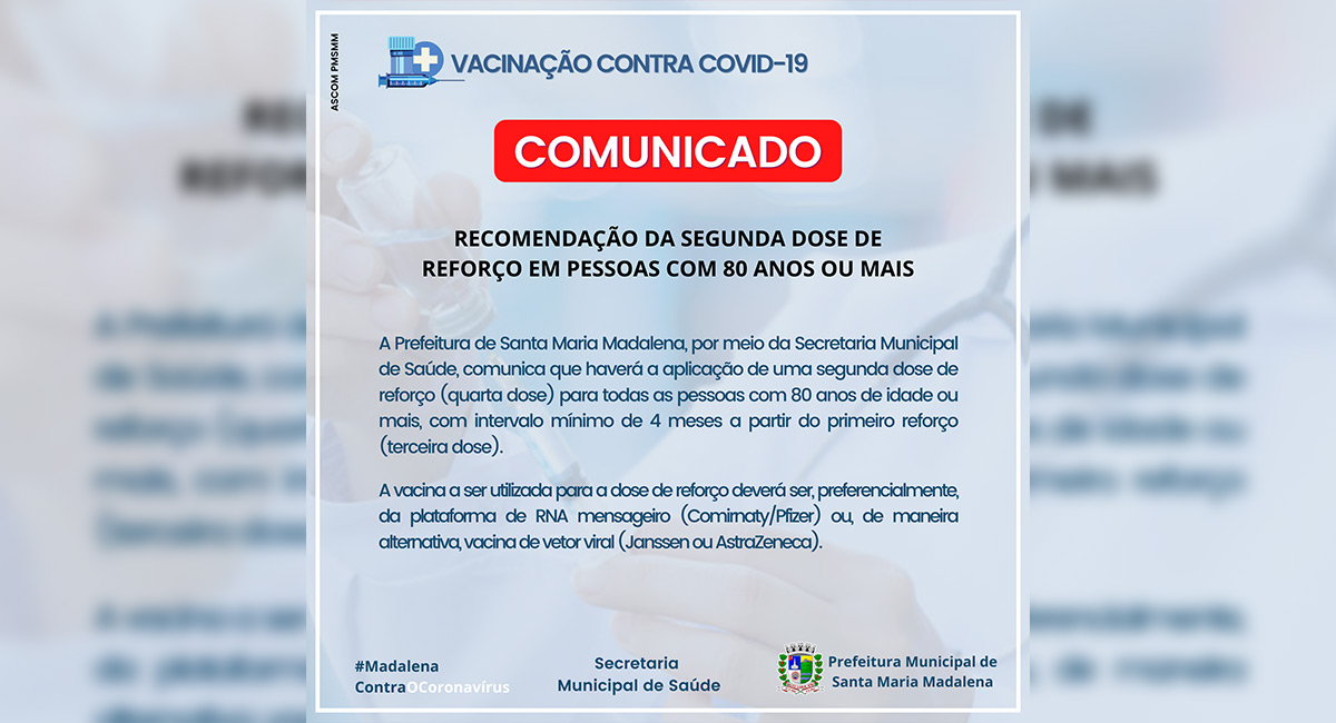 Covid-19: Recomendação da segunda dose de reforço de vacinas em pessoas com 80 anos ou mais