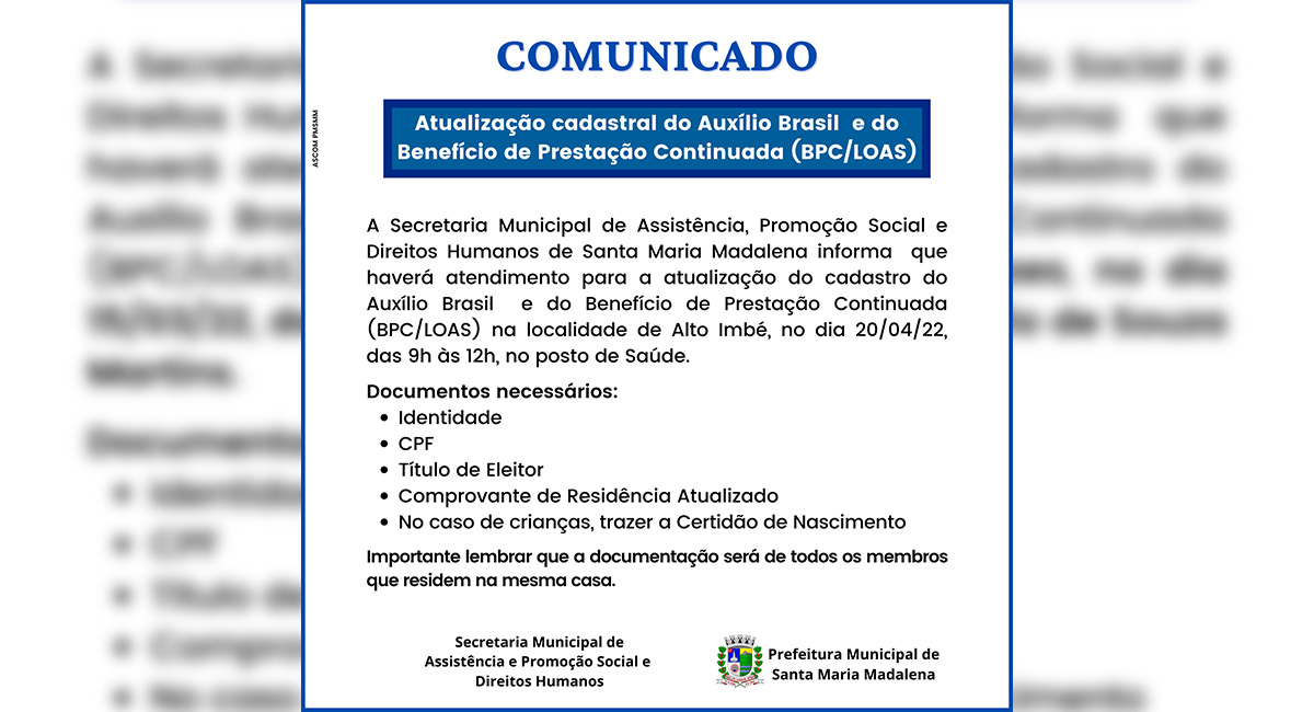 Atualização Cadastral do Auxilio Brasil e do Benefício de Prestação Continuada (BPC/LOAS) em Alto Imbé