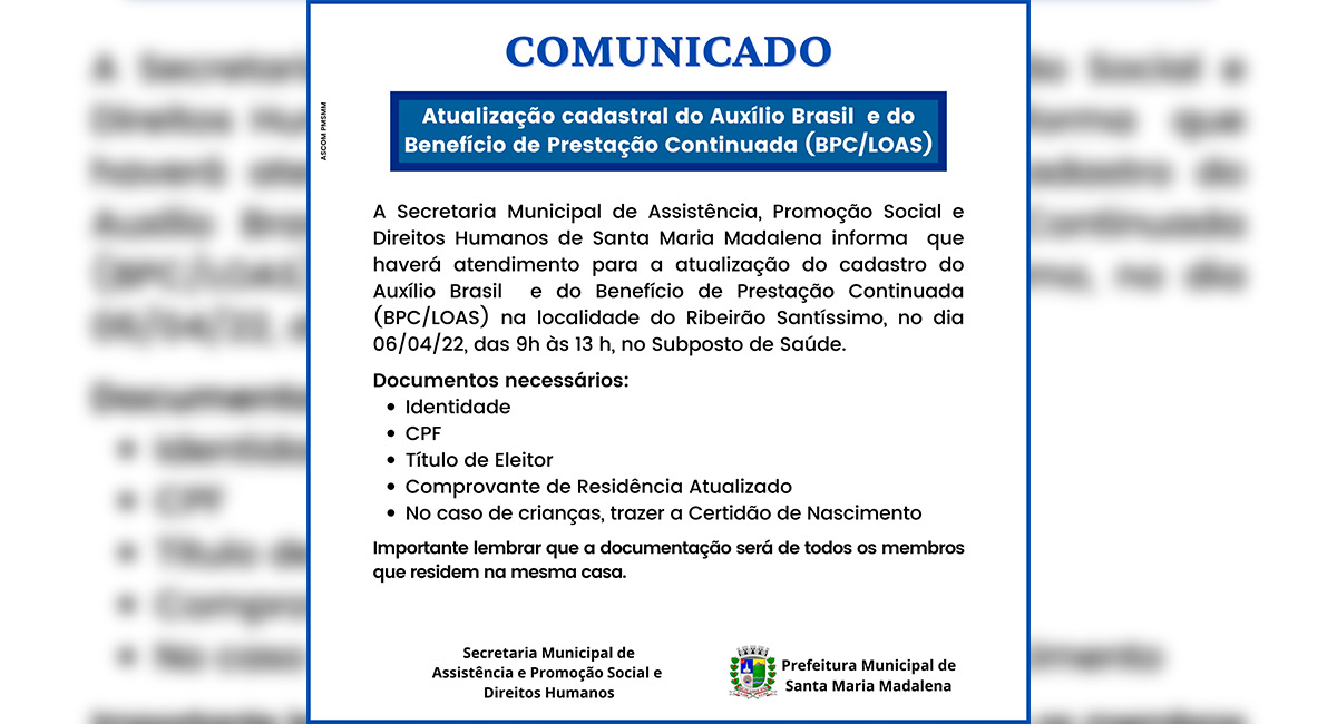 Atualização Cadastral do Auxilio Brasil e do Benefício de Prestação Continuada (BPC/LOAS) em Ribeirão Santíssimo