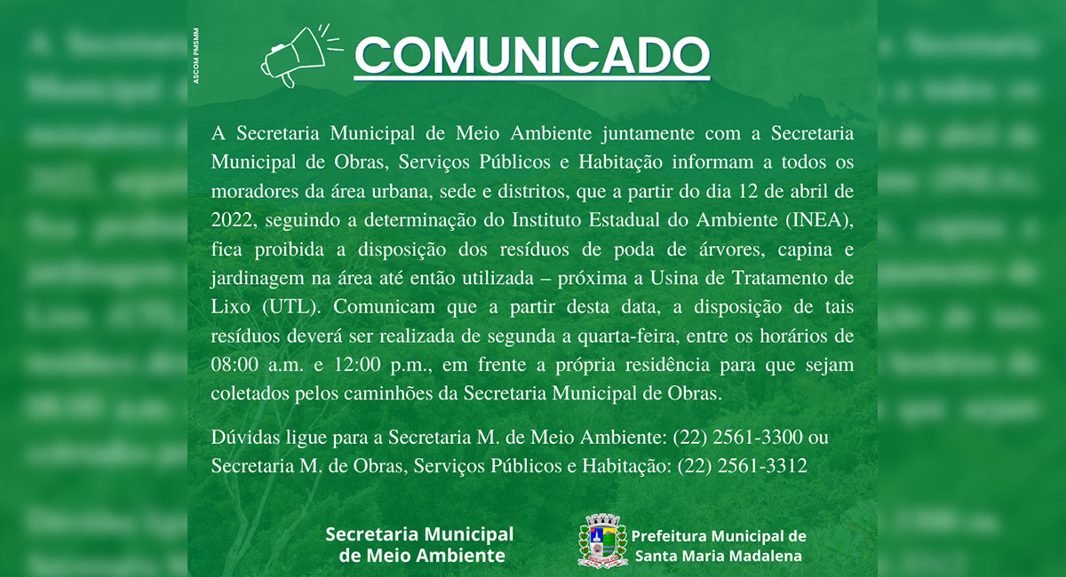 Secretarias de Meio Ambiente e Obras emitem comunicado sobre poda de árvores, capina e jardinagem