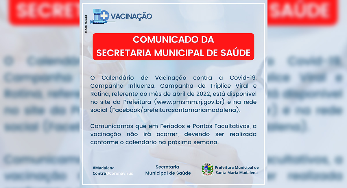 Secretaria Municipal de Saúde emite comunicado sobre a vacinação contra a Covid-19, Influenza, Tríplice Viral e Rotina
