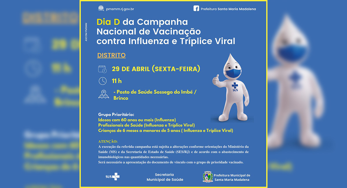 Santa Maria Madalena terá dia D de vacinação contra influenza e sarampo; veja quando
