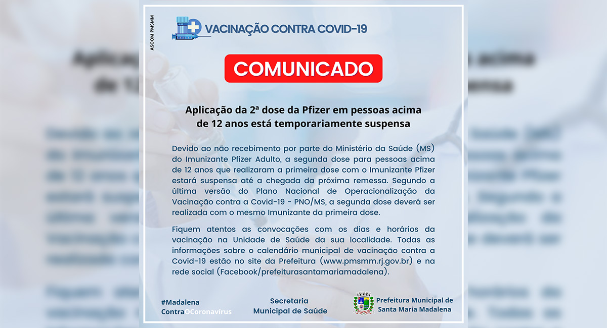 Covid-19: Saúde comunica que a aplicação da 2ª dose da Pfizer em pessoas acima de 12 anos está temporariamente suspensa