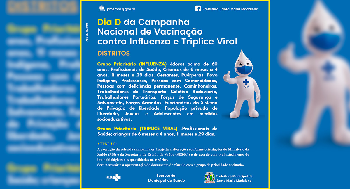 Distritos de Santa Maria Madalena terão segundo dia D de vacinação contra Influenza e Sarampo