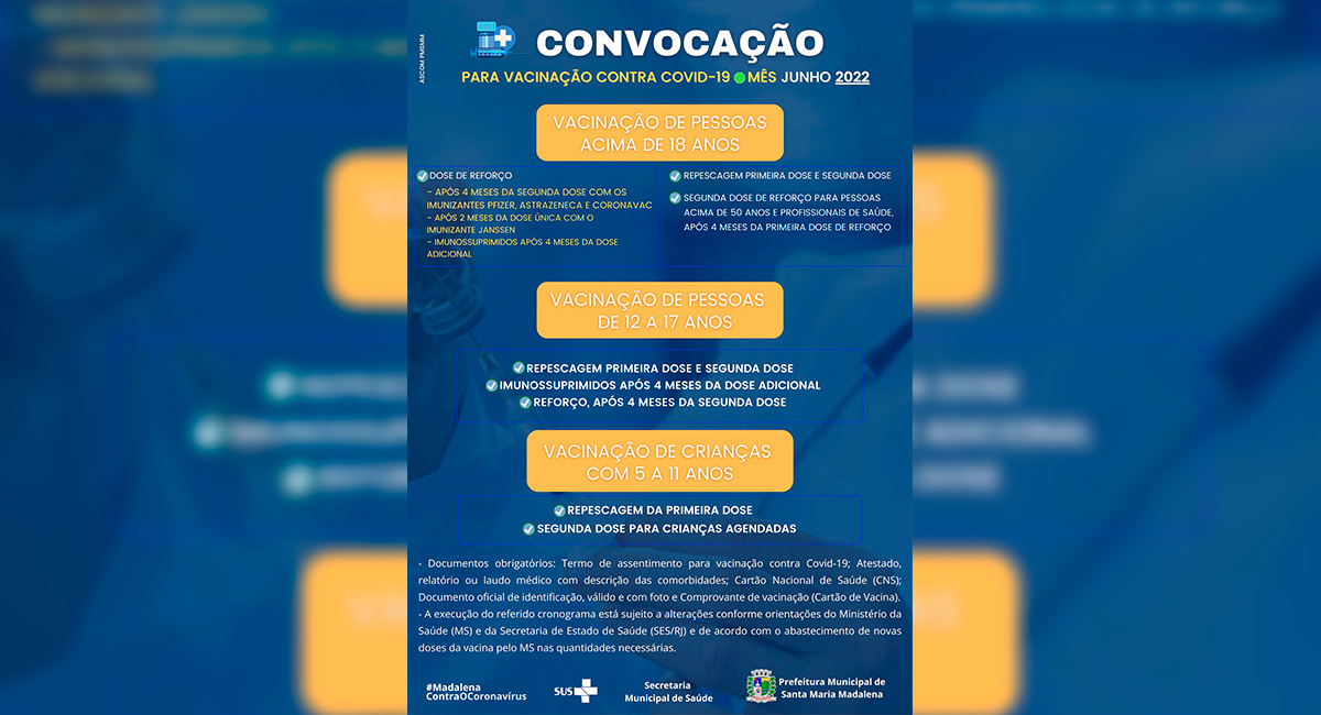 Prefeitura atualiza o calendário de vacinação para o mês de junho