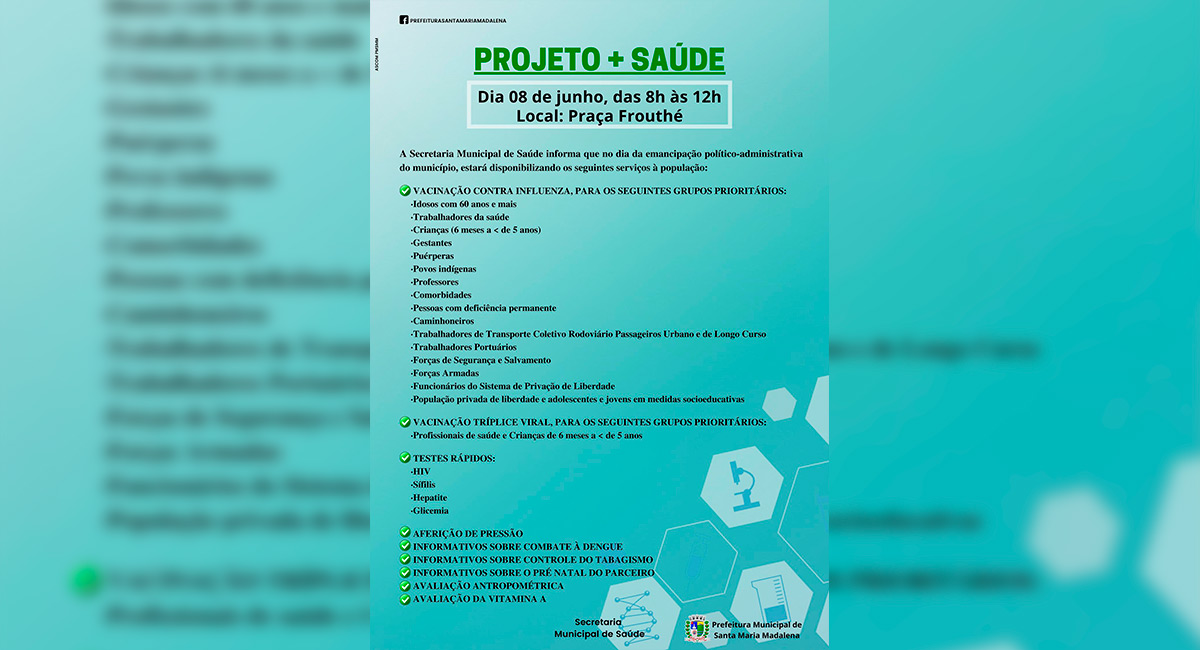 Projeto +Saúde ocorrerá nesta quarta-feira (08), na Praça Frouthé
