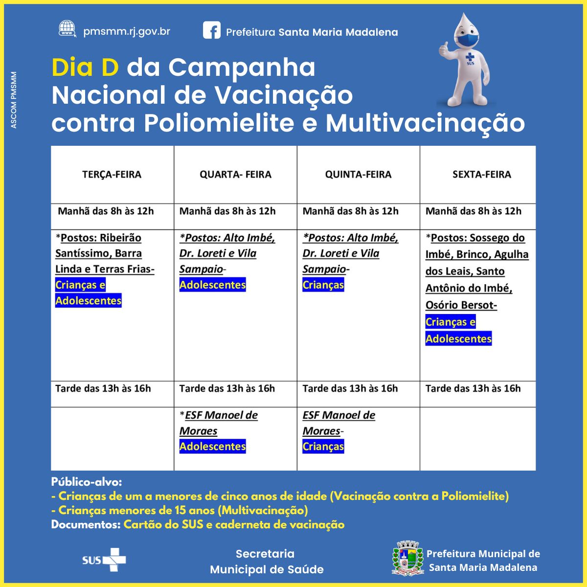 Dia D da Campanha de Vacinação contra a Poliomielite e Multivacinação acontece neste sábado, 20