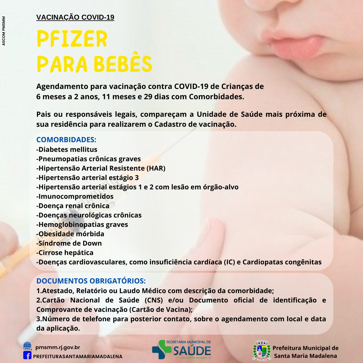 Comunicado: Agendamentos das vacinas Pfizer para bebês com comorbidade