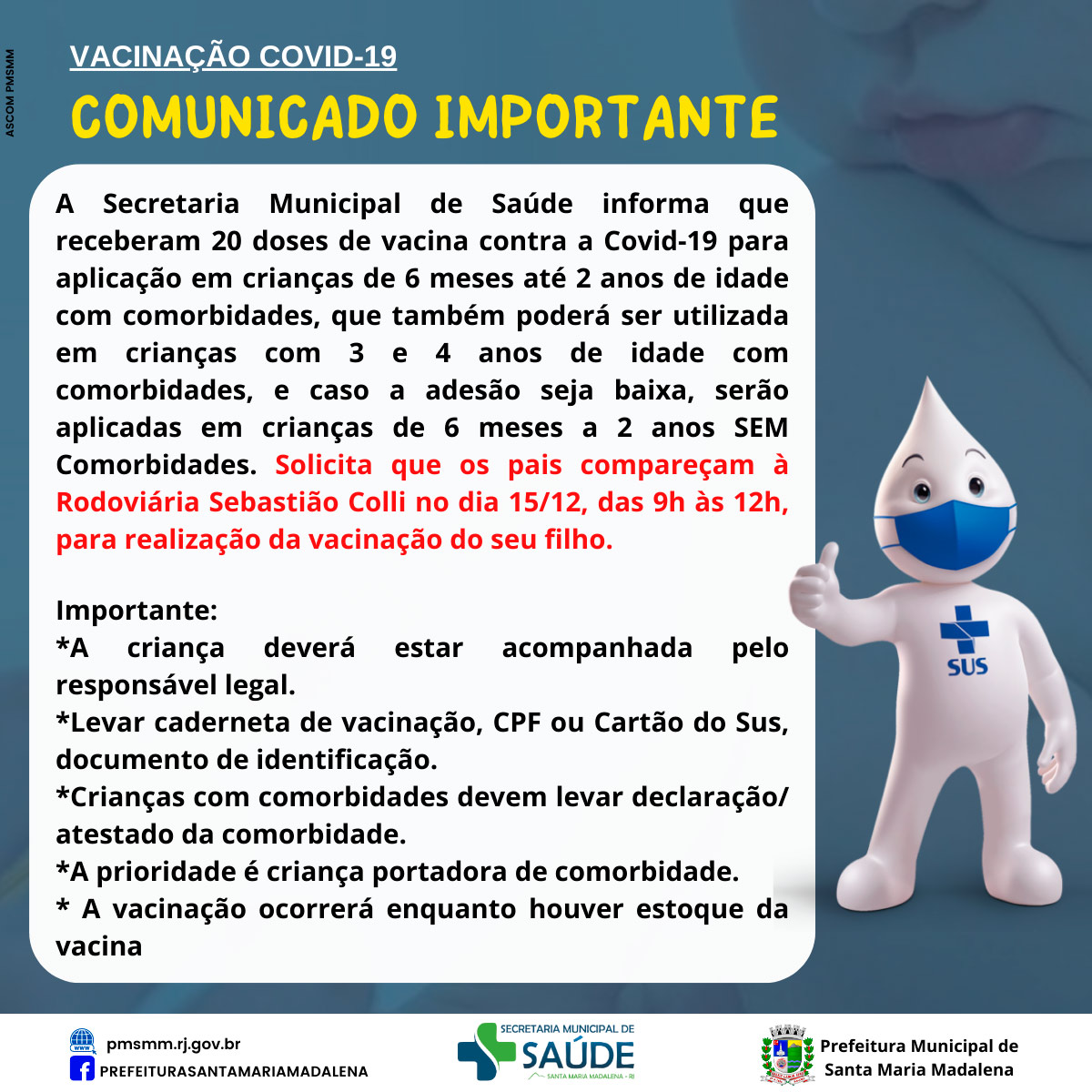 Covid-19: Saúde comunica sobre vacinação de crianças de 6 meses a dois anos, com comorbidades