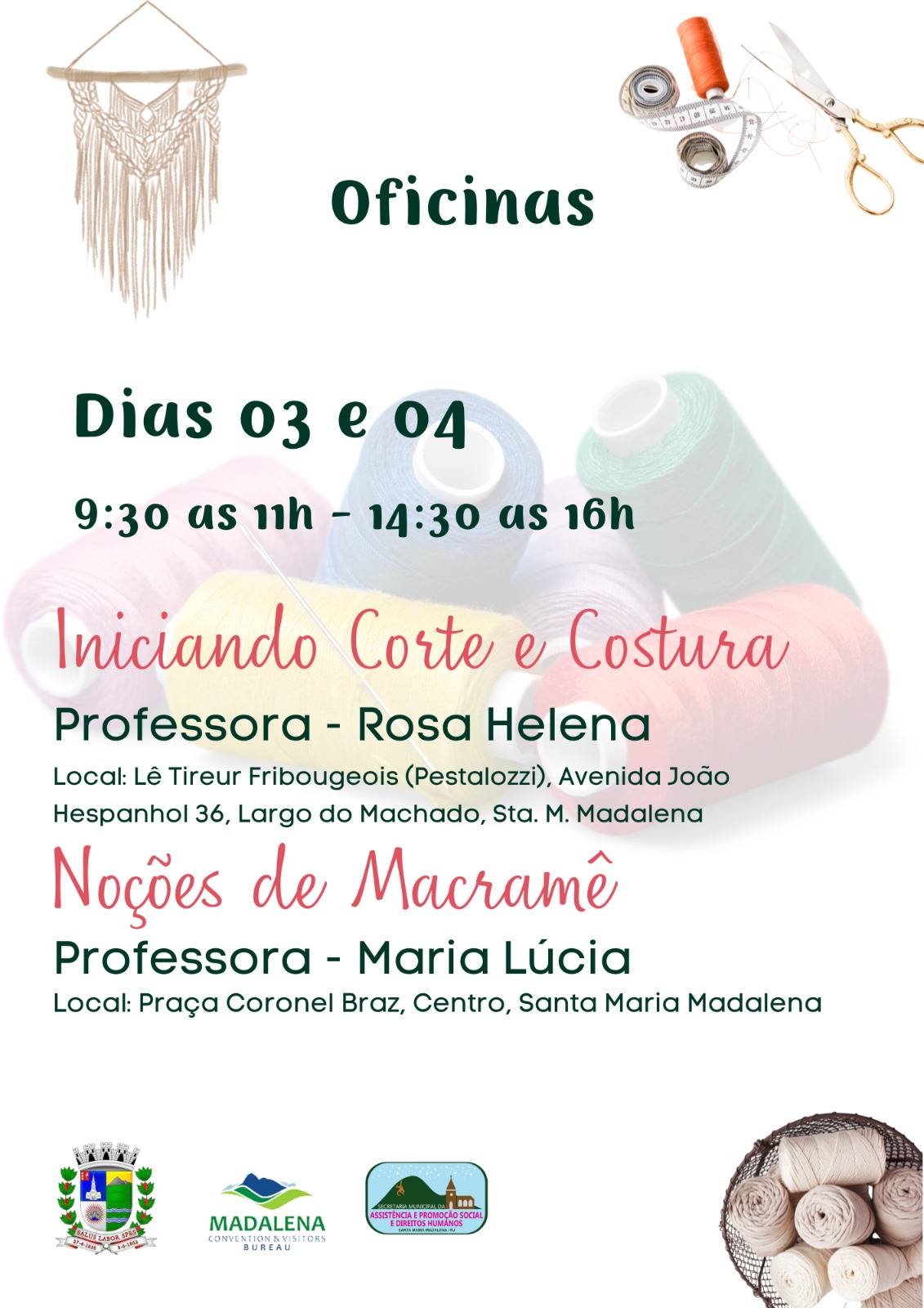 Abertas as inscrições para as oficinas de Macramê, Corte e Costura e curso de entalhe em Madeira