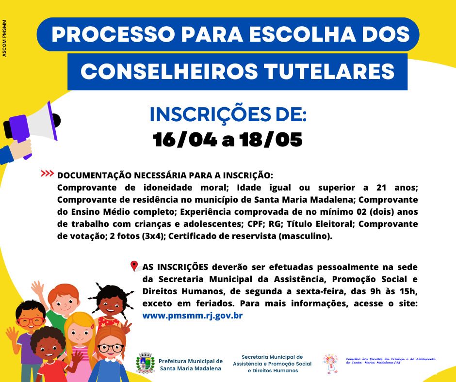 Abertas inscrições para escolha dos Conselheiros Tutelares em Santa Maria Madalena
