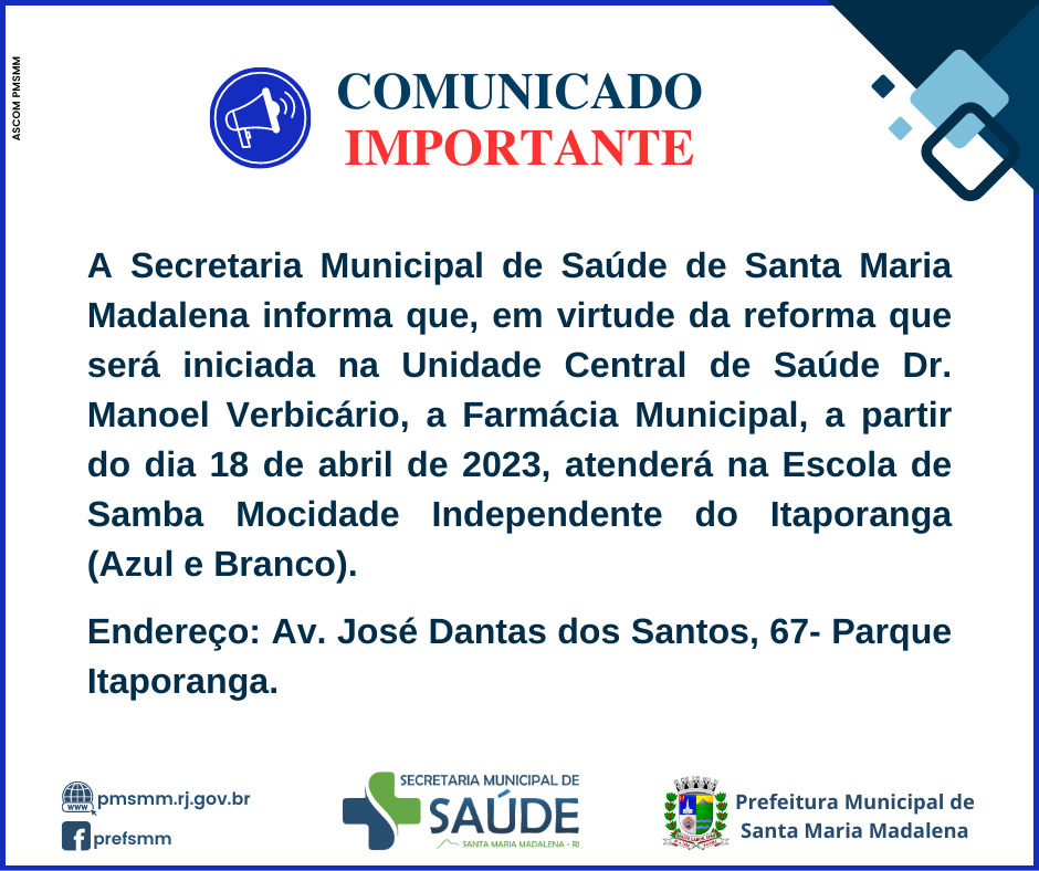 Comunicado: Farmácia Municipal tem novo endereço