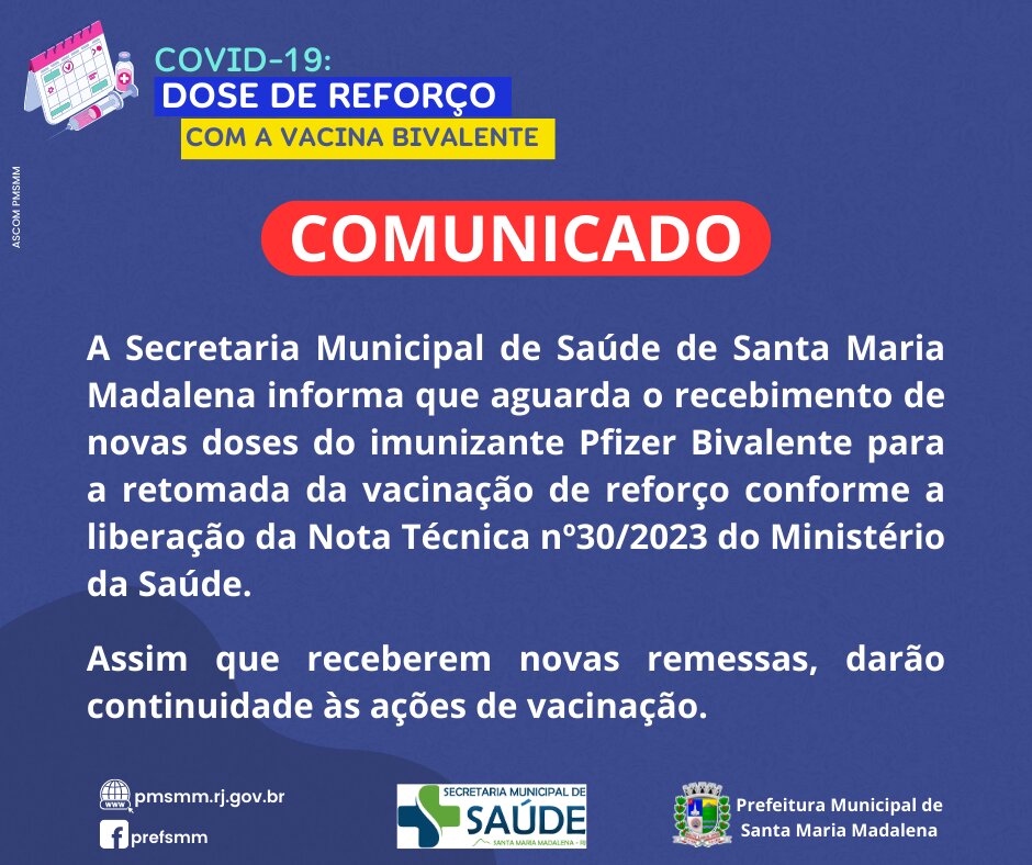 Comunicado: Secretaria Municipal de Saúde aguarda novas doses de vacina Pfizer Bivalente