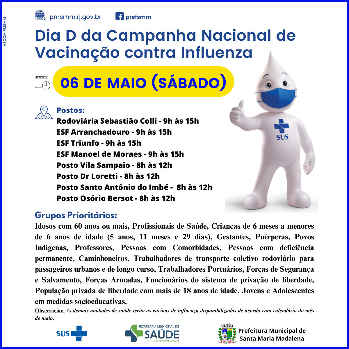 Dia D de Vacinação contra influenza acontece neste sábado, 6 de maio