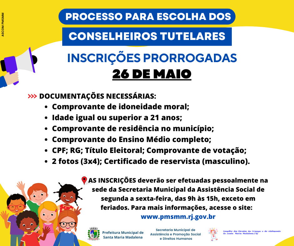 CMDCA de Santa Maria Madalena prorroga inscrições para processo de escolha de Conselheiros Tutelares