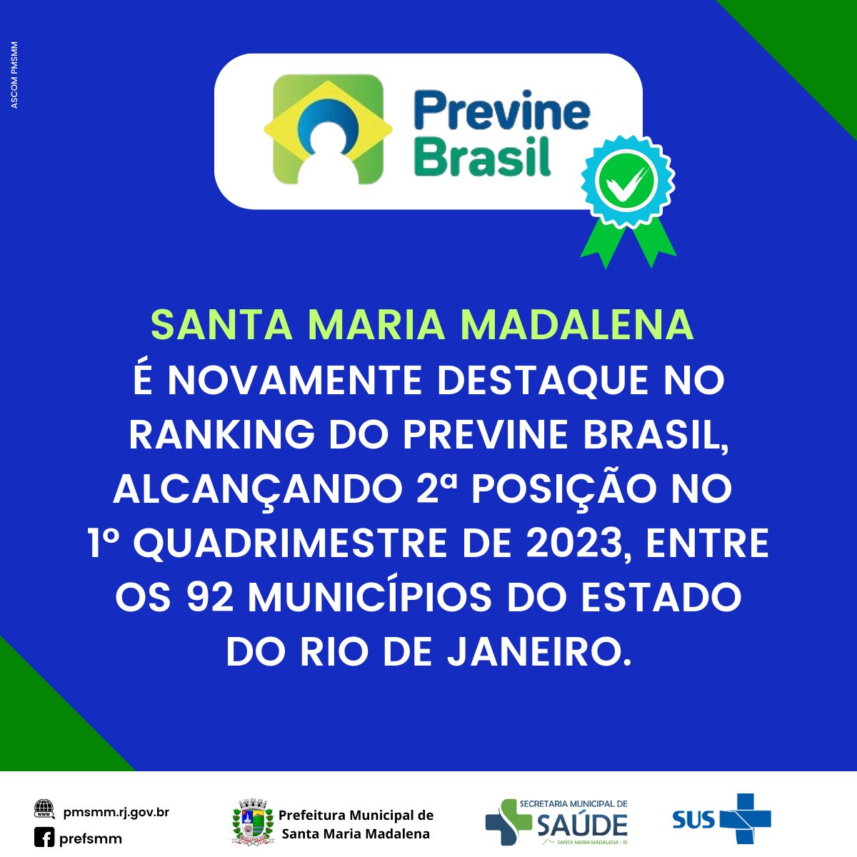 Santa Maria Madalena é destaque mais uma vez no Ranking dos Indicadores do Programa Previne Brasil, alcançando 2ª posição no 1º quadrimestre de 2023