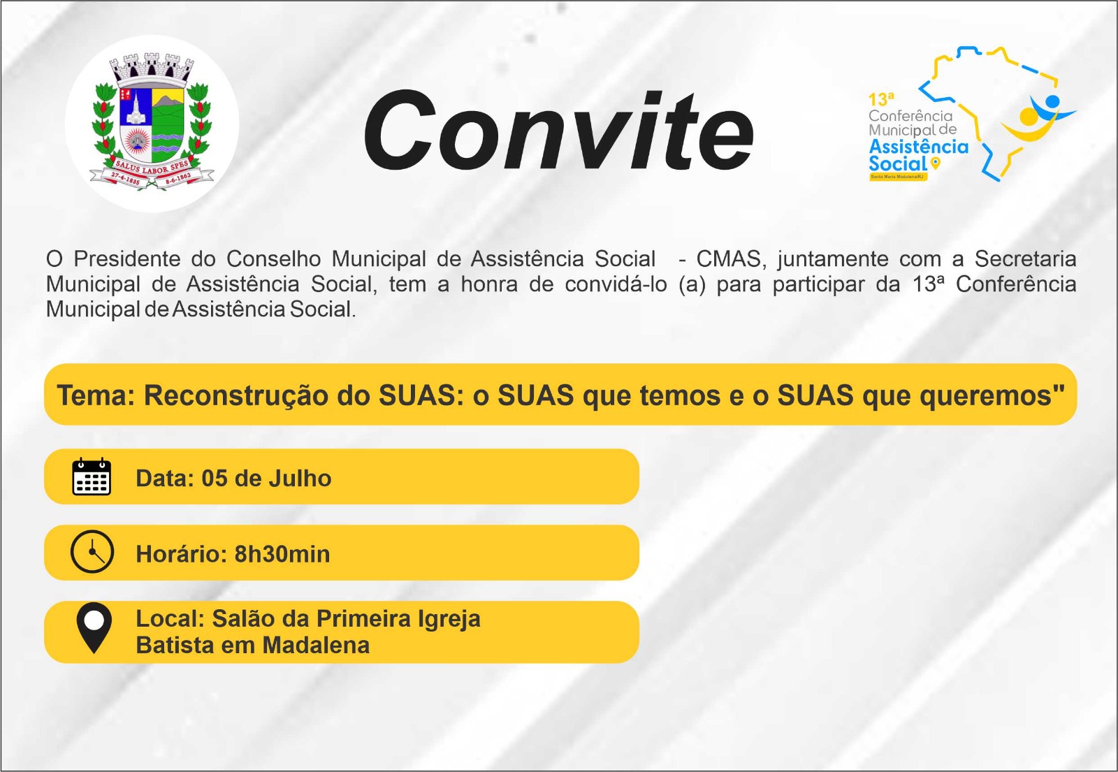 Convite: 13ª Conferência Municipal de Assistência Social de Santa Maria Madalena