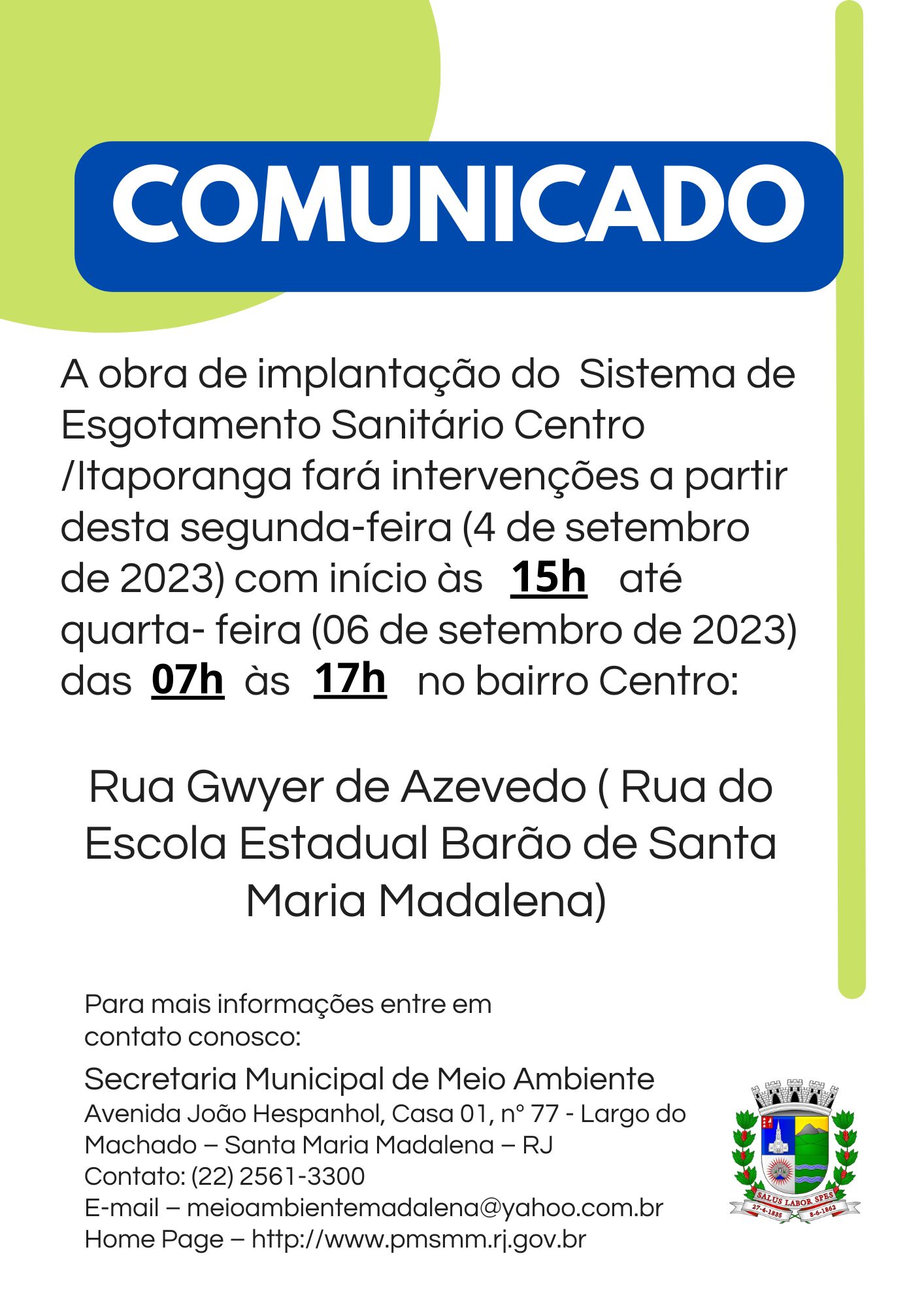 Comunicado da Secretaria Municipal de Meio Ambiente
