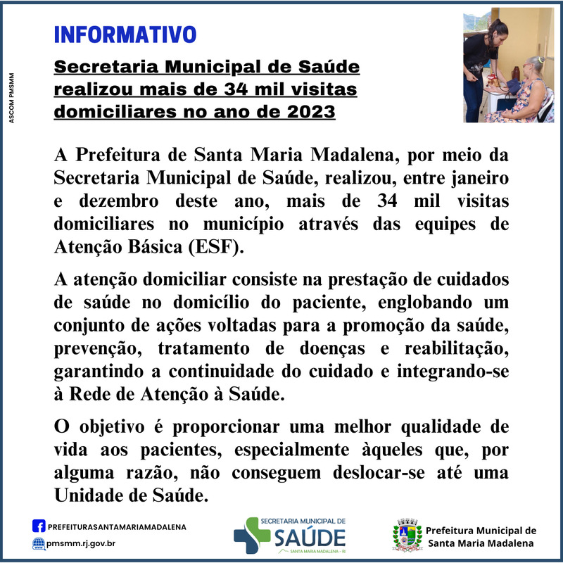 Secretaria Municipal de Saúde realizou mais de 34 mil visitas domiciliares no ano de 2023
