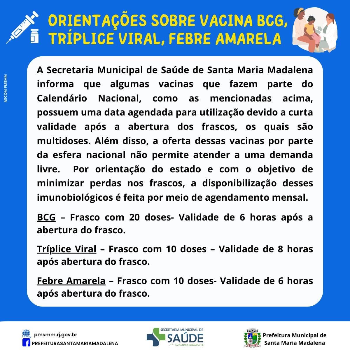 Orientações sobre Vacina BCG, Tríplice Viral, Febre Amarela