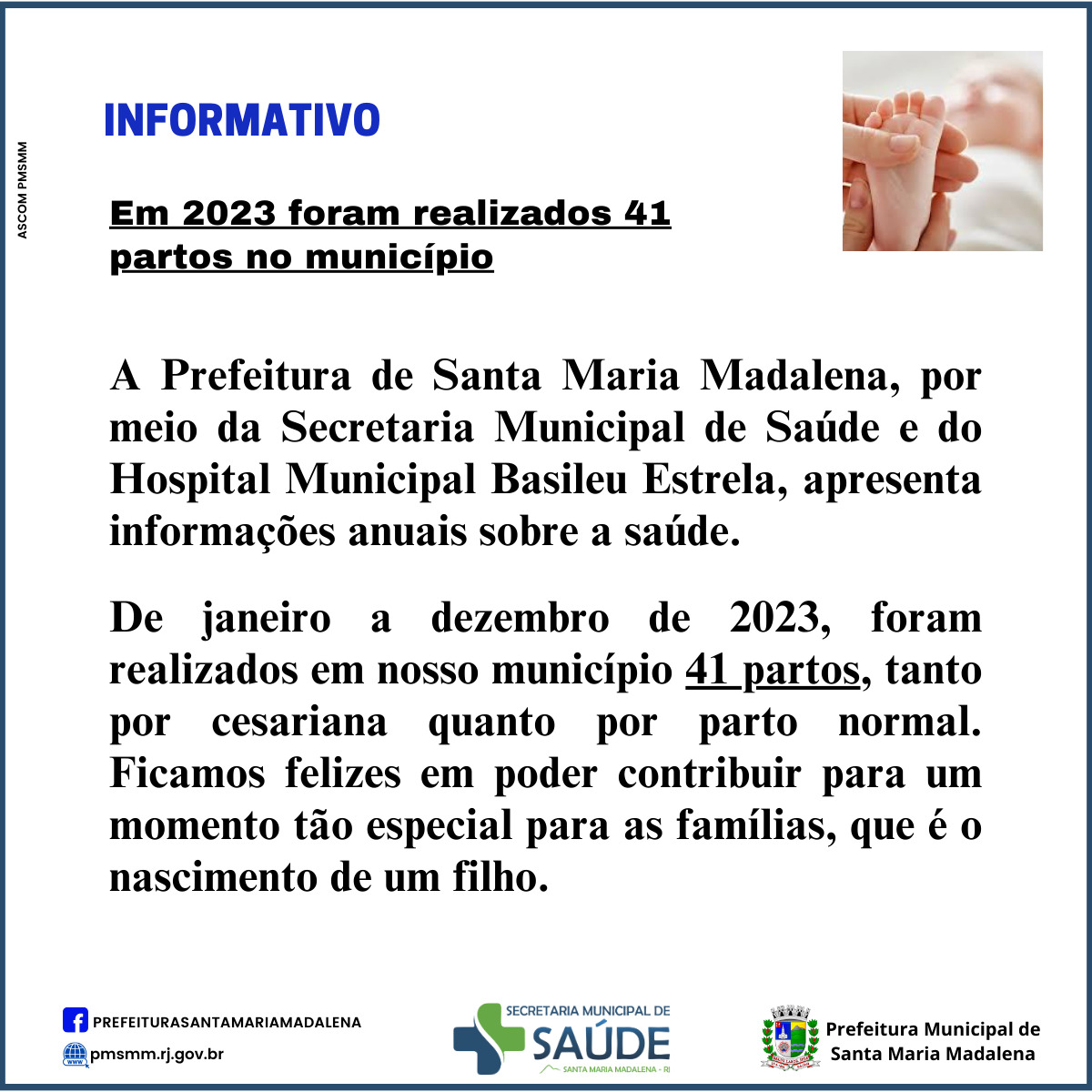 Saúde: No ano de 2023, ocorreram 41 partos no município
