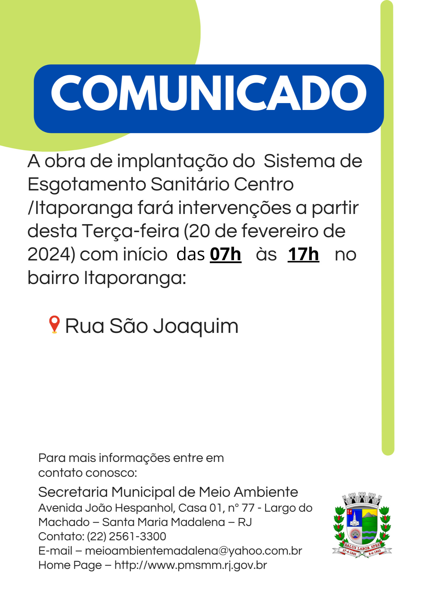 Comunicado sobre início da obra de implantação do sistema de esgotamento sanitário no bairro Itaporanga