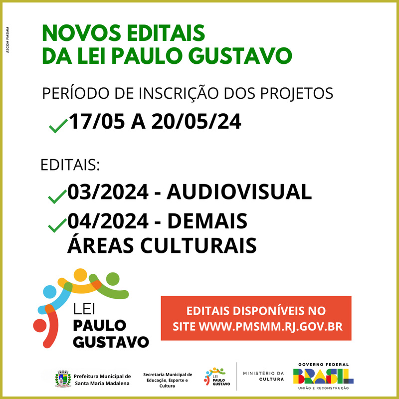 Novos editais da Lei Paulo Gustavo são lançados para Santa Maria Madalena