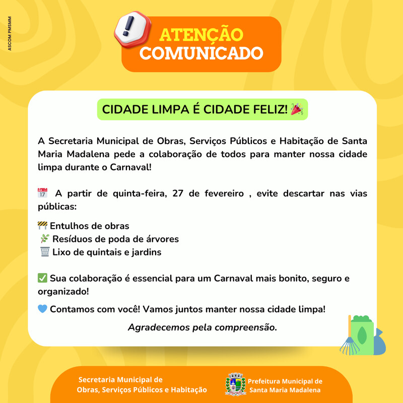 Carnaval 2025: Comunicado da Secretaria Municipal de Obras
