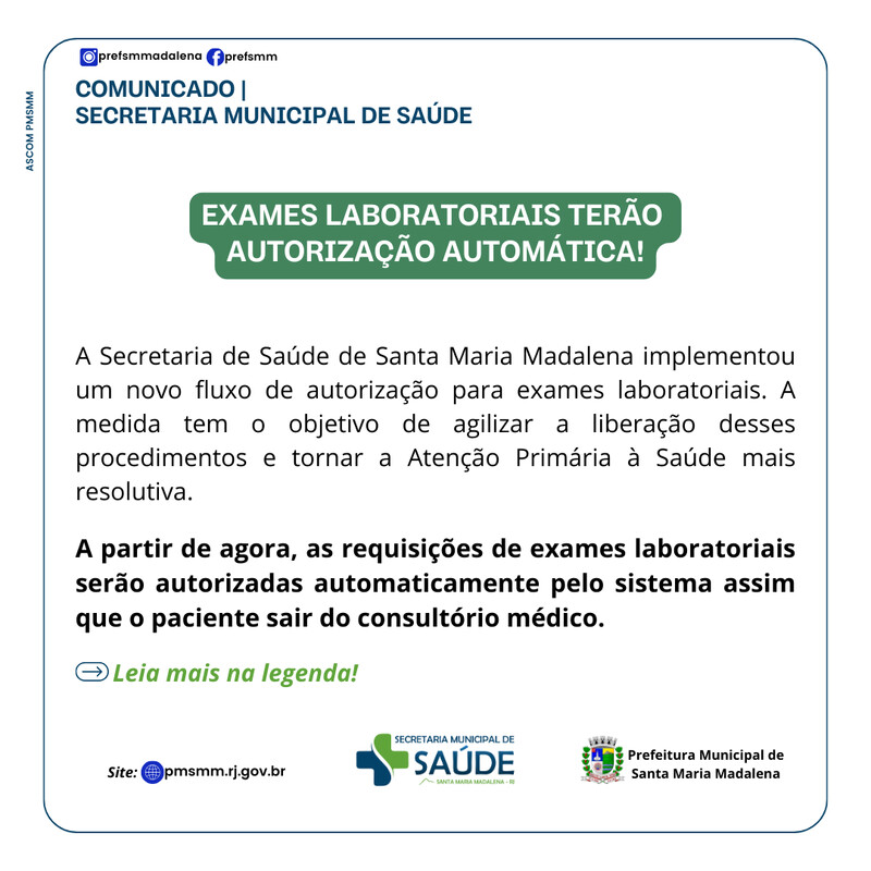 Comunicado da Secretaria de Saúde: Exames laboratoriais passam a ter novo fluxo de autorização