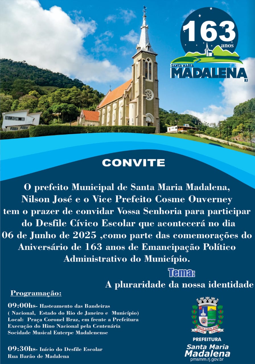 Convite: Desfile Cívico Escolar celebra os 163 anos de emancipação político-administrativa de Santa Maria Madalena