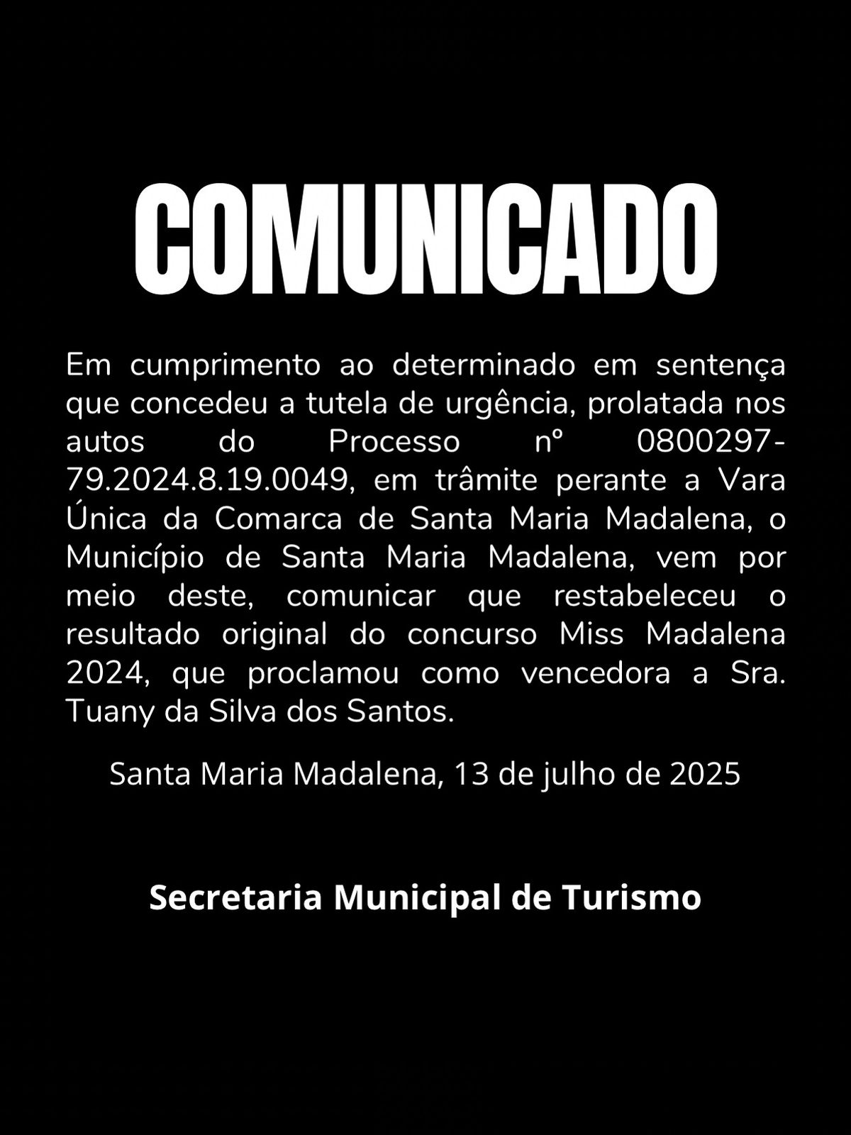 Comunicado: Prefeitura de Santa Maria Madalena Restabelece Resultado Original do Miss Madalena 2024