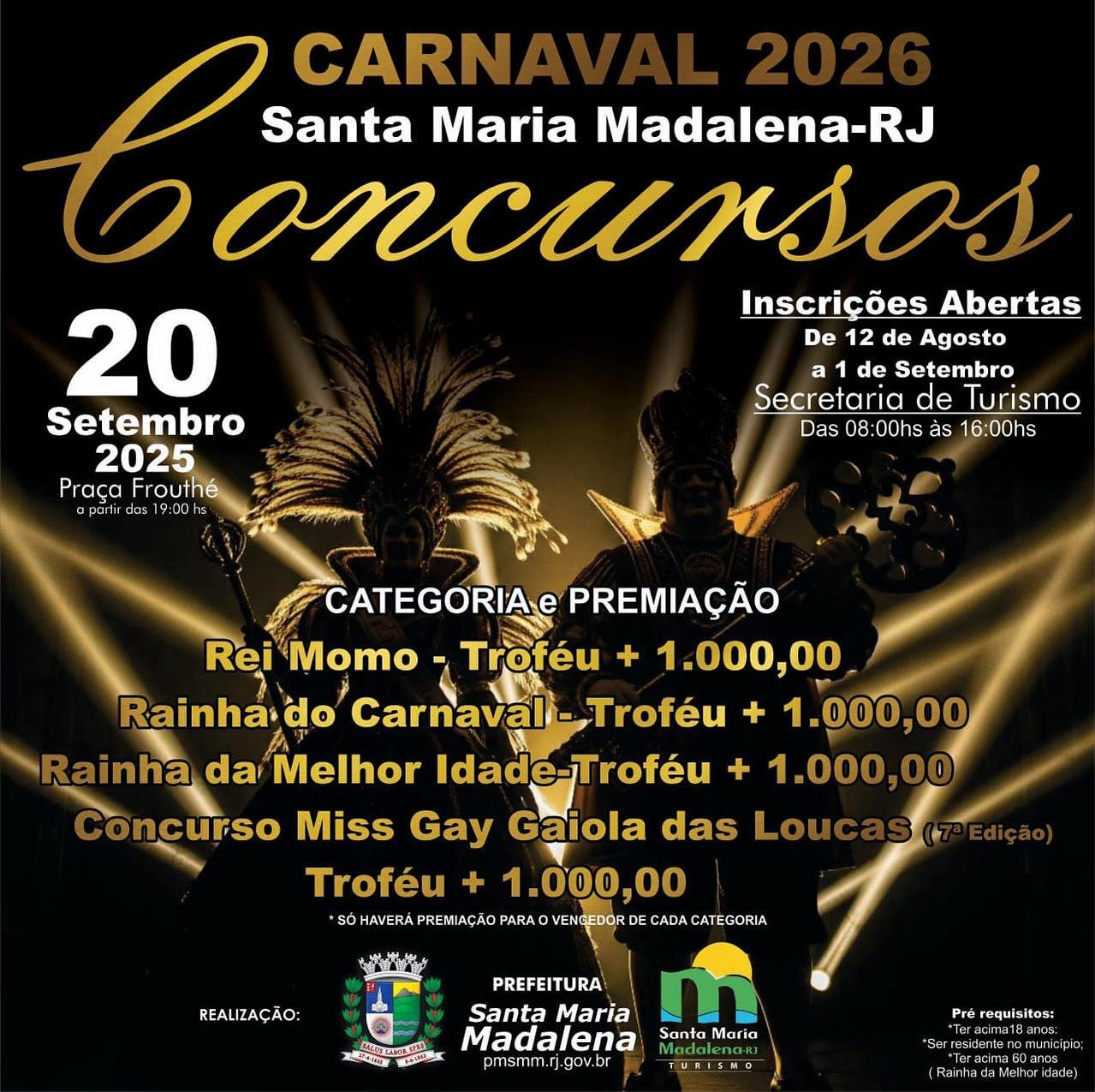 Inscrições abertas para os Concursos do Carnaval 2026 em Santa Maria Madalena