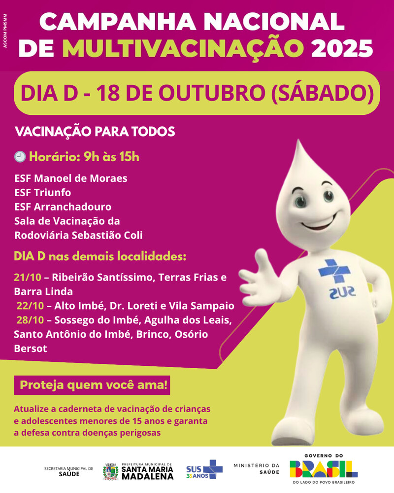 Dia D de Vacinação será realizado neste sábado (18) com atendimento em várias unidades de saúde