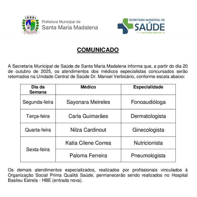 Comunicado: Médicos Especialistas voltam atender na Unidade Central de Saúde a partir do dia 20 de outubro