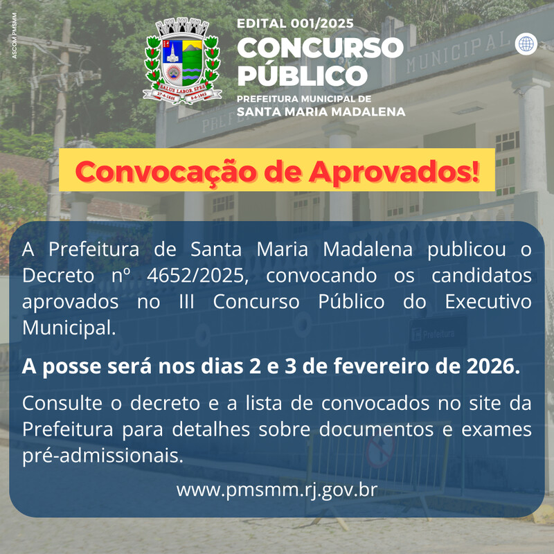 Santa Maria Madalena convoca aprovados no III Concurso Público do Executivo Municipal