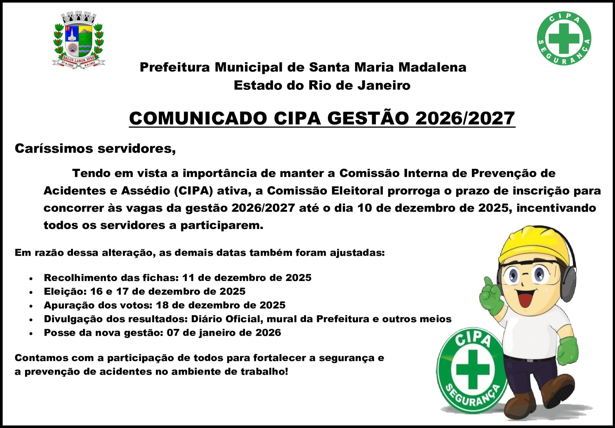 Prorrogação do prazo de inscrição para concorrer às vagas da CIPA - Gestão 2026/2027