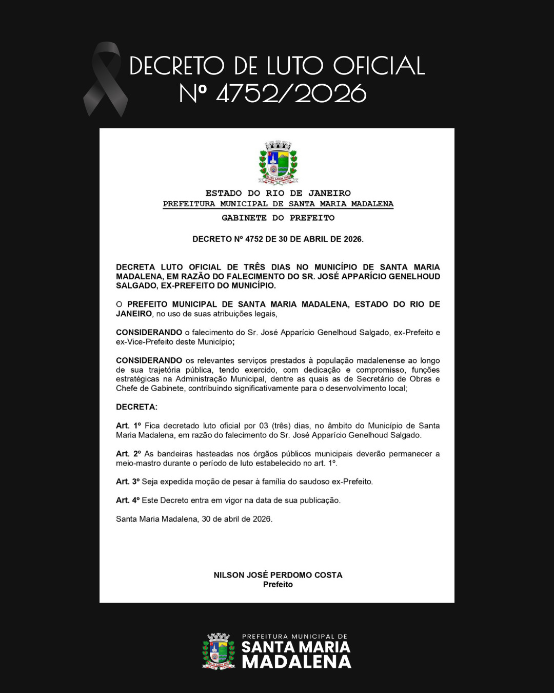 Prefeitura de Santa Maria Madalena decreta luto oficial por três dias pelo falecimento do ex-prefeito José Apparício Genelhoud Salgado