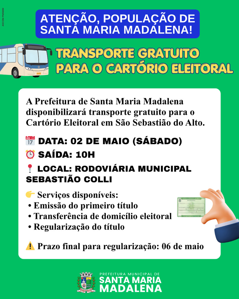 Prefeitura disponibiliza transporte gratuito para o Cartório Eleitoral