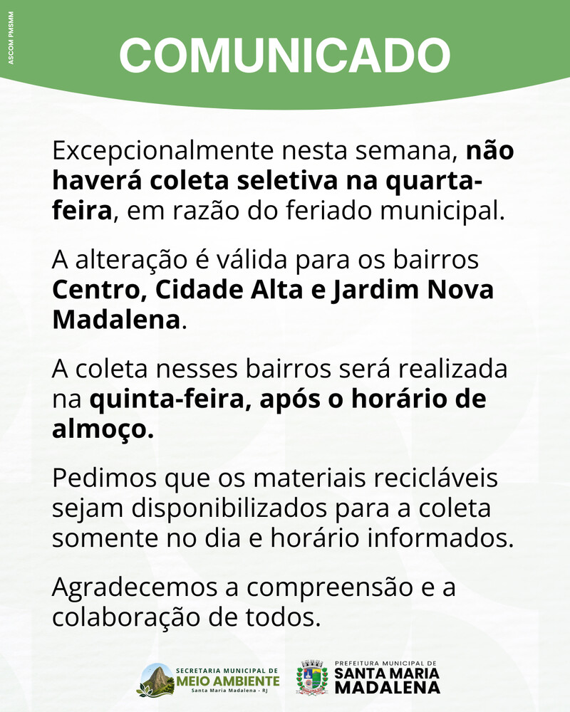 Coleta seletiva terá alteração nesta semana em razão do feriado municipal