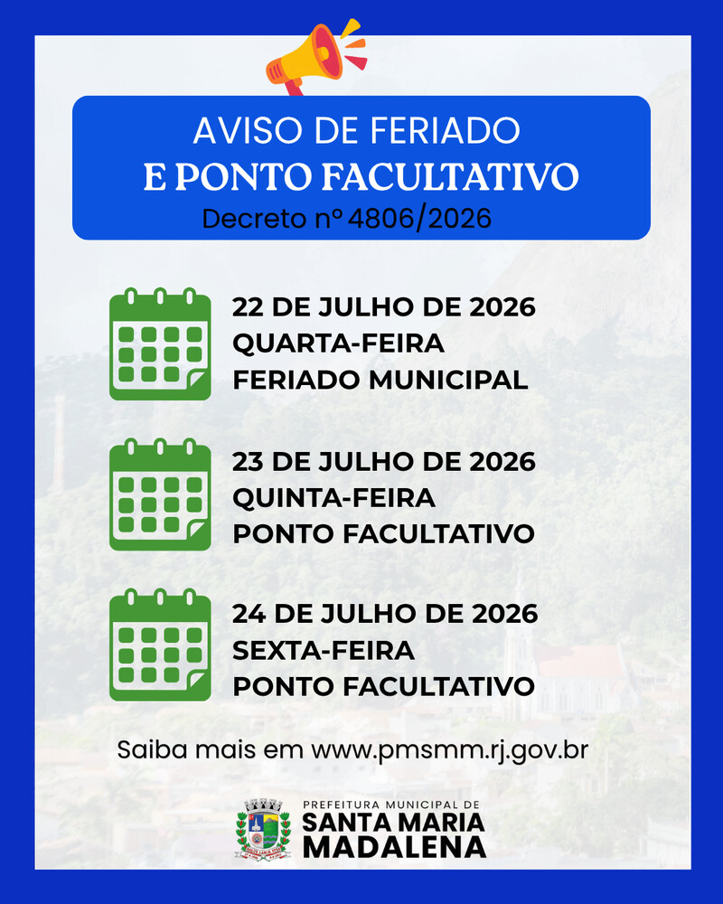 Prefeitura informa ponto facultativo nos dias 23 e 24 de julho