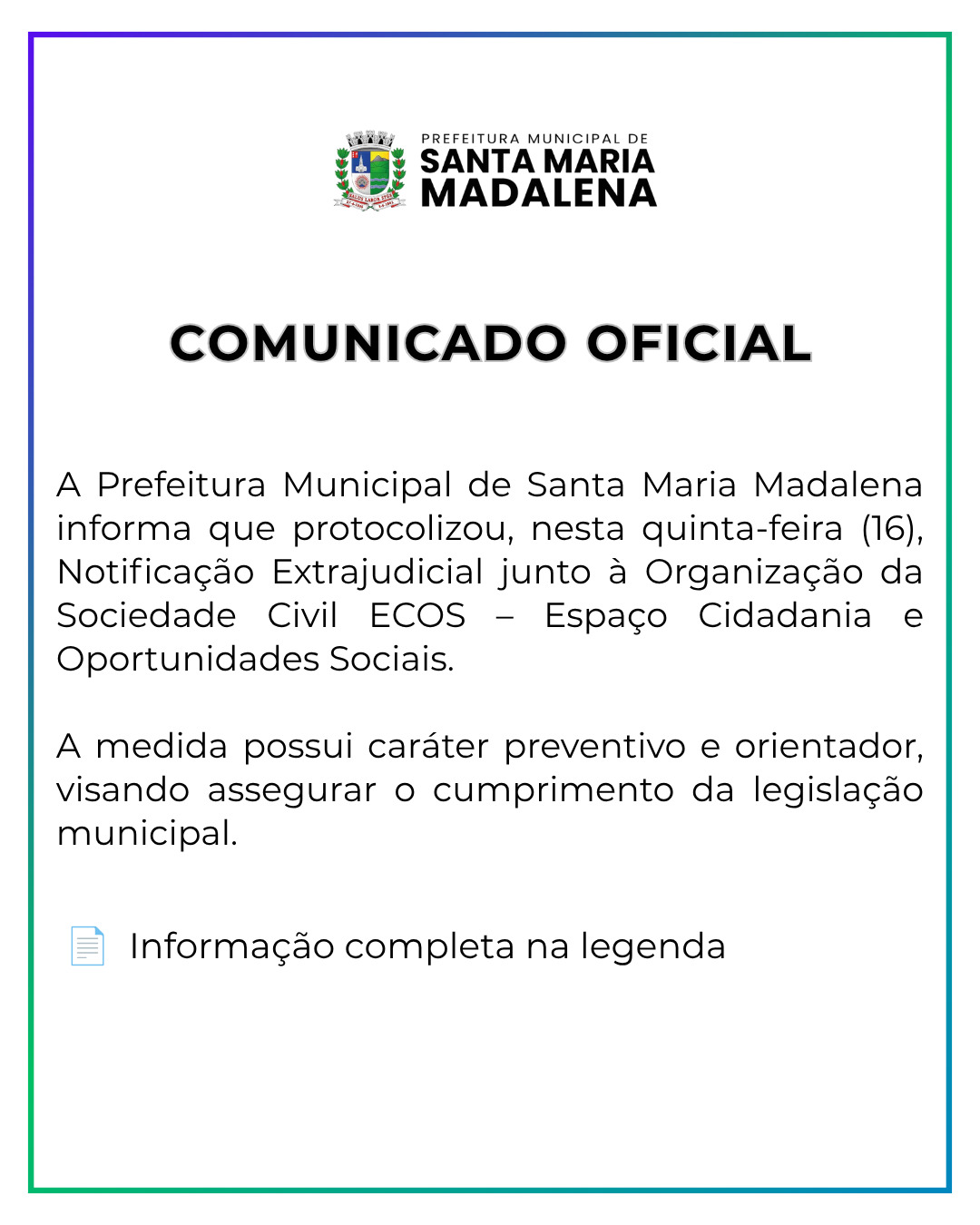 Prefeitura protocola Notificação Extrajudicial ao ECOS sobre exigências legais para funcionamento de Residência Inclusiva