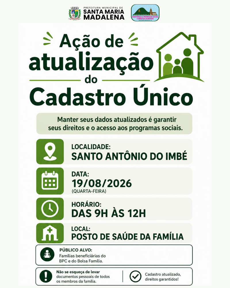 Atualização do Cadastro Único será realizada em Santo Antônio do Imbé