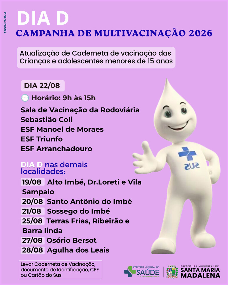 Dia D de Multivacinação terá atendimento em diferentes localidades do município