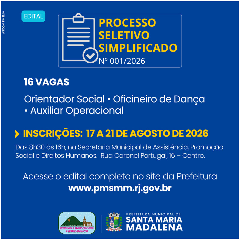 Secretaria de Assistência Social de Santa Maria Madalena abre Processo Seletivo Simplificado com 16 vagas